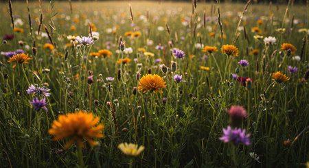 summer meadow with yellow flowers and purple cornflowers in the morningの素材
