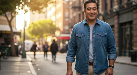 Portrait of handsome Indian man in the streets of New York Cityの素材