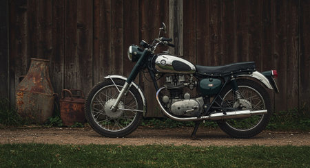 Vintage motorcycle on the background of an old wooden wall and a bucketの素材