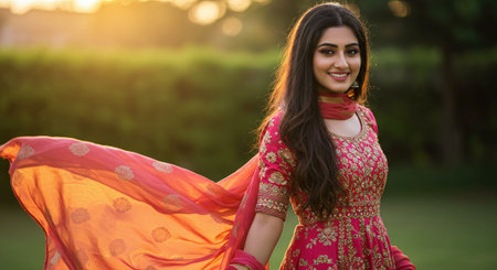 Beautiful indian woman in saree and red bandana at sunsetの素材