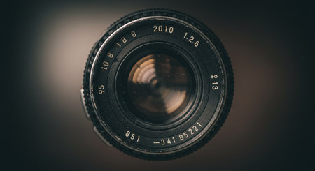 vintage camera lens on a dark background with filter effect retro vintage styleの素材