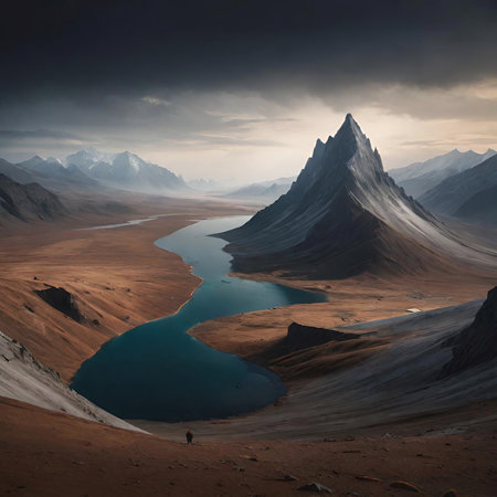Mountain landscape with lake and snow-capped peaks at sunsetの素材