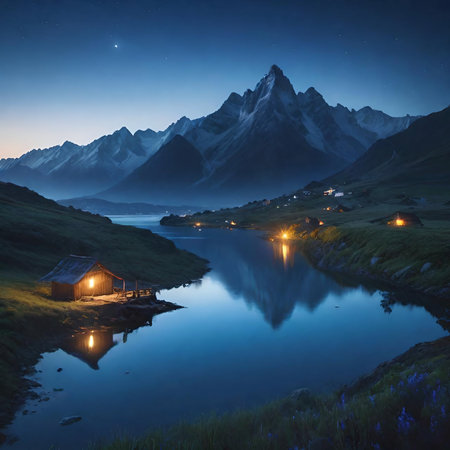 Night view of Zermatt, Switzerland. Mountain lake at night.の素材