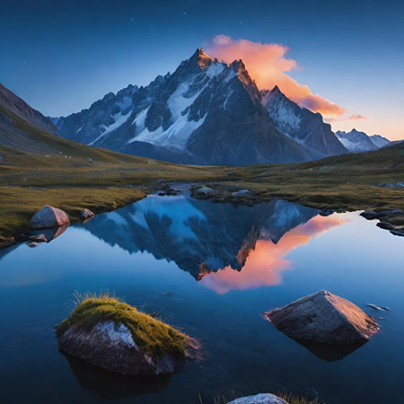 Mountain landscape with lake and reflection of Matterhorn at sunrise.の素材