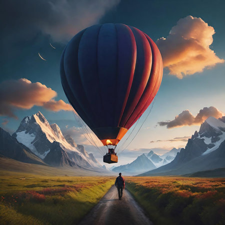 Hot air balloon in blue sky over green meadow. 3d renderingの素材