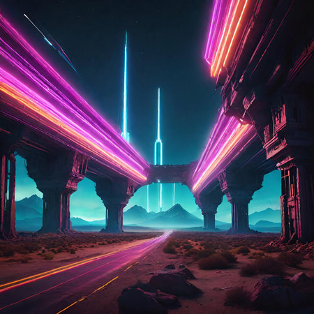 3D rendering of a futuristic landscape with a road and a bridgeの素材