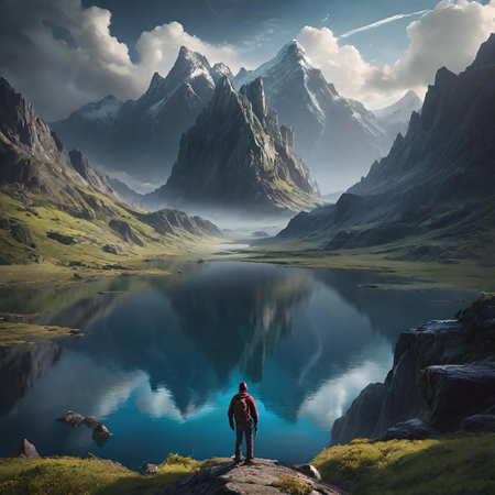 Hiker on the edge of a cliff above a mountain lake.の素材