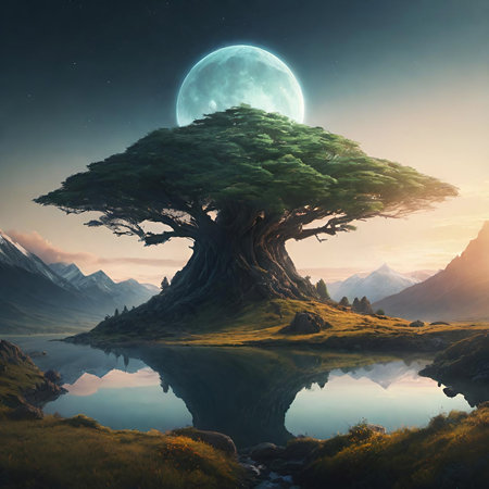 Fantasy landscape with tree and moon. 3d illustration. Digital painting.の素材