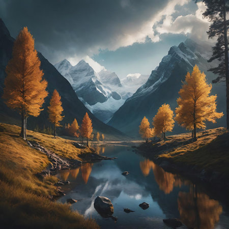 Fantastic autumn landscape with lake and snow-capped mountainsの素材