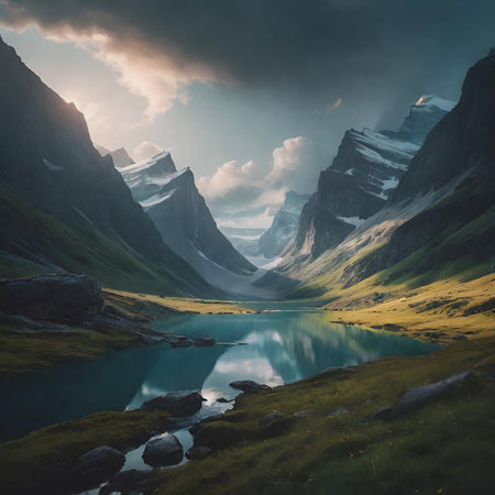 Beautiful mountain landscape with lake and mountains in the background, Switzerlandの素材
