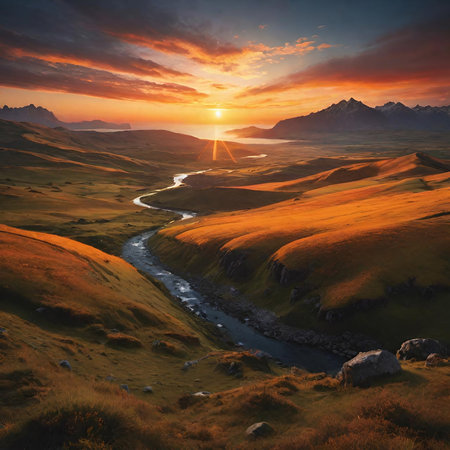 Beautiful sunset in the mountains. Landscape with a river.の素材