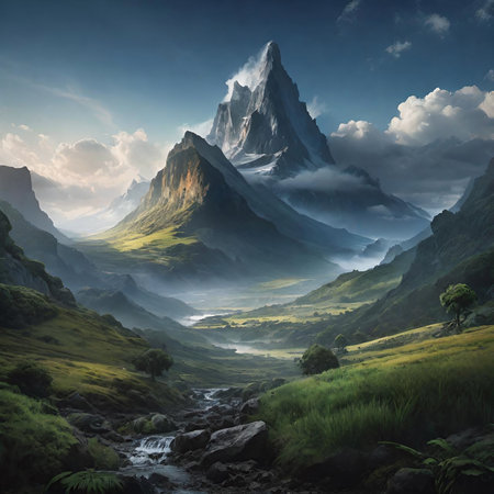 Fantastic mountain landscape with a river and high peaks in the cloudsの素材