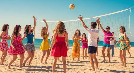 Group of friends playing volleyball on the beach. Selective focus.の素材
