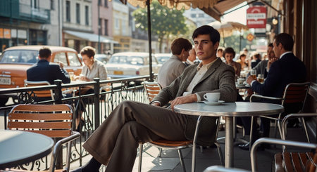 Handsome young businessman sitting in a street cafe and drinking coffeeの素材