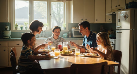 Happy family having breakfast together in the kitchen at home. Mother, father, son and daughter eating healthy food.の素材