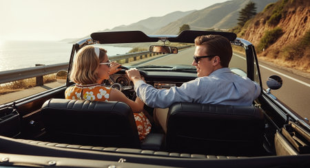 Young couple sitting in cabriolet car and looking at each otherの素材