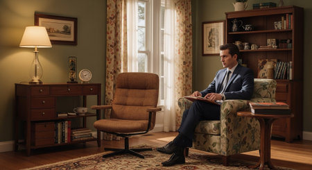 Businessman sitting in armchair and reading a book in his officeの素材