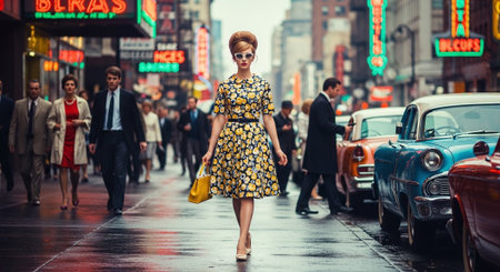 Woman walking in Times Square, New York City, United States of Americaの素材