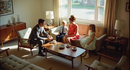 Happy family in the living room of a luxury home villa.の素材