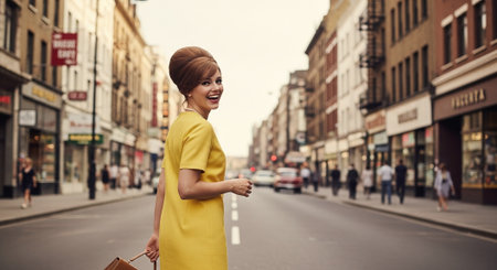 Beautiful young woman in a yellow dress walking on the street.の素材