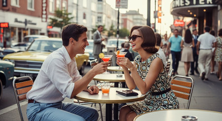 Beautiful young couple drinking cocktails in a cafe on the street.の素材