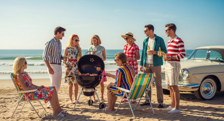 Group of friends having barbecue party on the beach - People having fun on summer vacationの素材