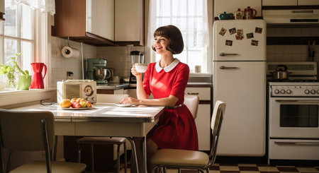 Young woman in red dress drinking coffee in the kitchen at home.の素材