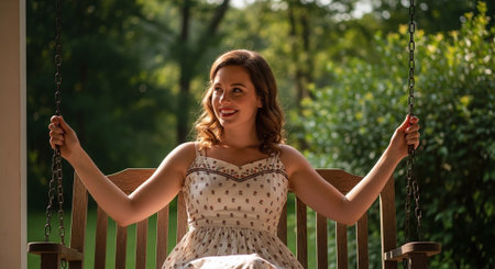 Portrait of a beautiful young woman sitting on a swing in the parkの素材