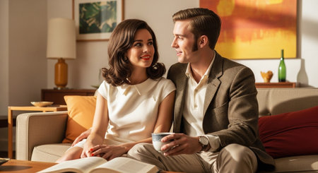 Beautiful young couple sitting on sofa at home and drinking coffee.の素材