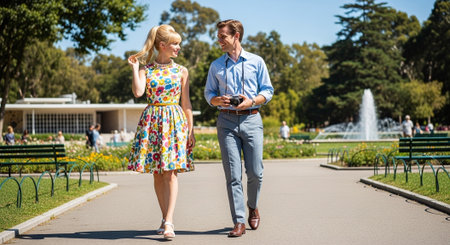 Young couple walking in the park and photographing each other with cameraの素材