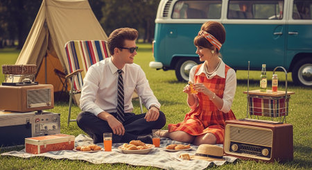 Young couple having picnic in the park on a sunny day. Retro style.の素材