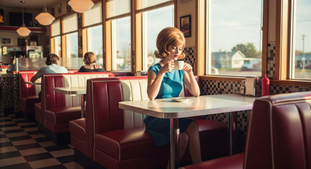 Beautiful pin-up girl eating ice cream in a cafe.の素材