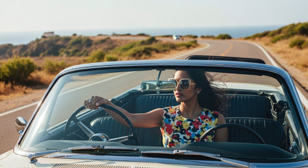 Young woman driving cabriolet car on the road in Spain.の素材