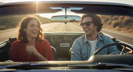 Couple in convertible car on road trip. Young man and woman traveling by car.の素材