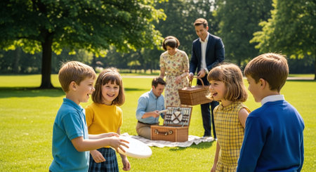family, childhood, leisure and people concept - happy family having picnic in parkの素材