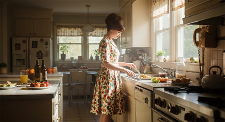 Young woman in the kitchen at home preparing a healthy meal. Healthy food conceptの素材
