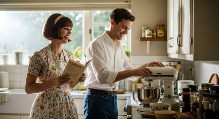 Couple in love cooking together in the kitchen at home in the morningの素材