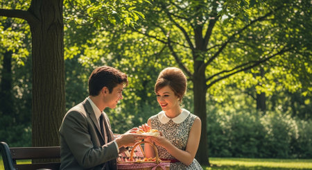 Beautiful couple sitting on a bench in the park and having picnicの素材