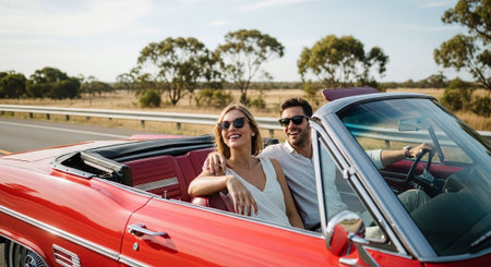 Couple in convertible car on a road trip, looking at cameraの素材