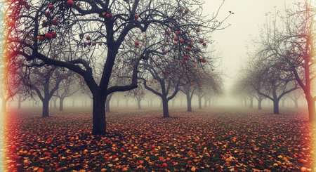 Foggy autumn morning in apple orchard, 3d renderの素材