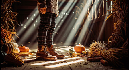 Halloween concept. Boy in boots standing with pumpkins on the porchの素材