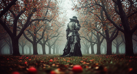 Fantasy image of a witch standing in a misty forest.の素材