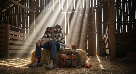 Man sitting on a haystack in a barn, looking at the cameraの素材