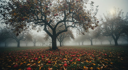 Foggy autumn park with apple trees and fallen leaves in the foregroundの素材