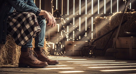 Cowboy sitting on a haystack in a barn with sun raysの素材