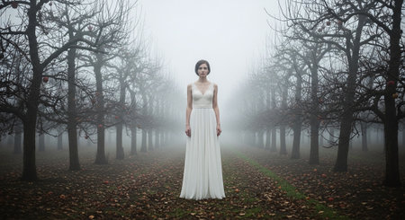 Woman in a white wedding dress on a foggy autumn forest backgroundの素材