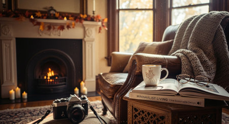 Cozy home interior. Cup of coffee, book, camera, knitted plaid on a chair near the fireplace.の素材