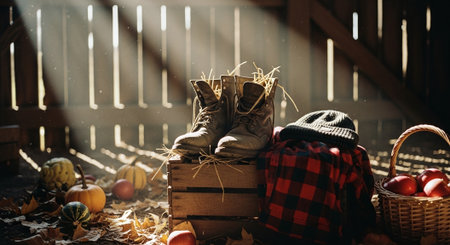 Autumn still life with a basket of apples, boots, plaid shirt and hatの素材