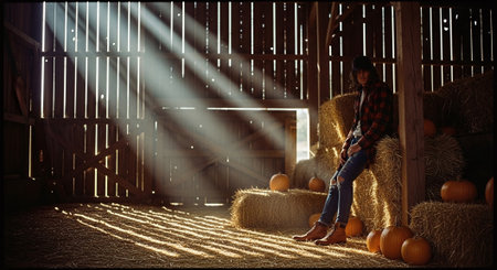 Young woman in a plaid shirt and jeans sitting on a haystack in a barnの素材