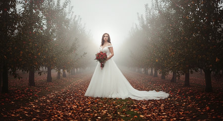 Beautiful bride in the autumn forest with a bouquet of flowersの素材